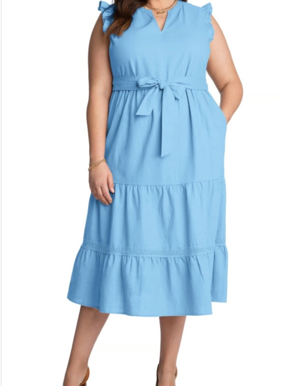 Adyson Parker Light Blue Tie-Waist Ruffle Midi Dress